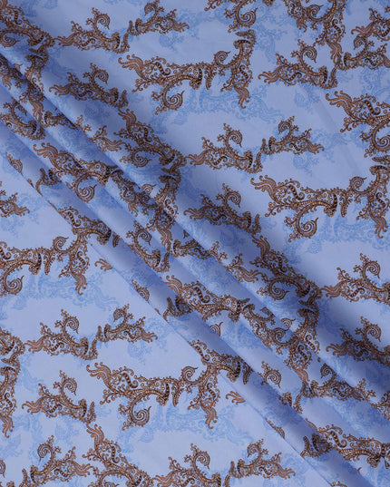 Sky Blue Paisley Ornamental Printed Cotton Satin Fabric 110 Cms Width Smooth Lustrous Dressmaking Craft Material India-D28054