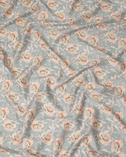Pastel Blue Peach Rose Floral Printed Cotton Satin Fabric 110 Cms Width Smooth Soft Dress Material India-D28065
