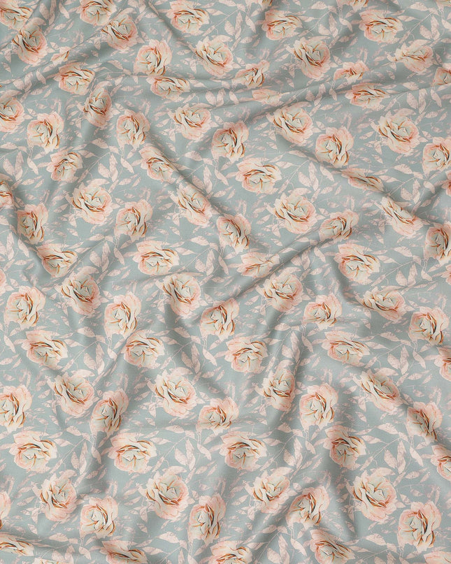 Pastel Blue Peach Rose Floral Printed Cotton Satin Fabric 110 Cms Width Smooth Soft Dress Material India-D28065