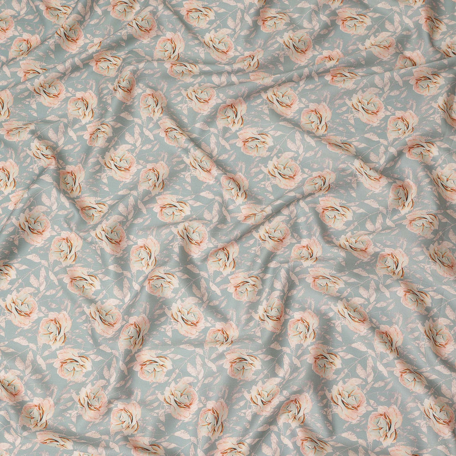 Pastel Blue Peach Rose Floral Printed Cotton Satin Fabric 110 Cms Width Smooth Soft Dress Material India-D28065