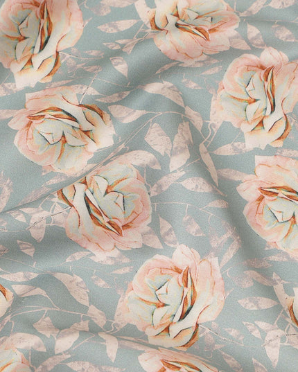 Pastel Blue Peach Rose Floral Printed Cotton Satin Fabric 110 Cms Width Smooth Soft Dress Material India-D28065