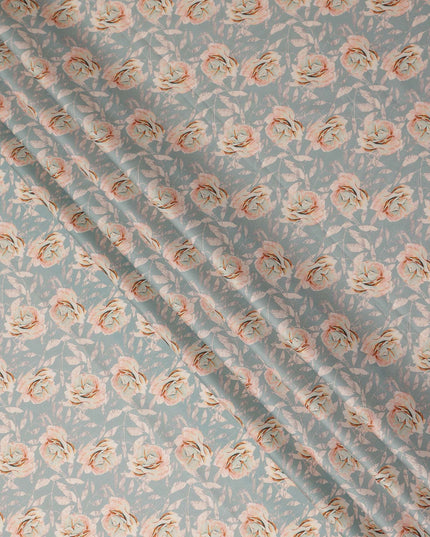 Pastel Blue Peach Rose Floral Printed Cotton Satin Fabric 110 Cms Width Smooth Soft Dress Material India-D28065