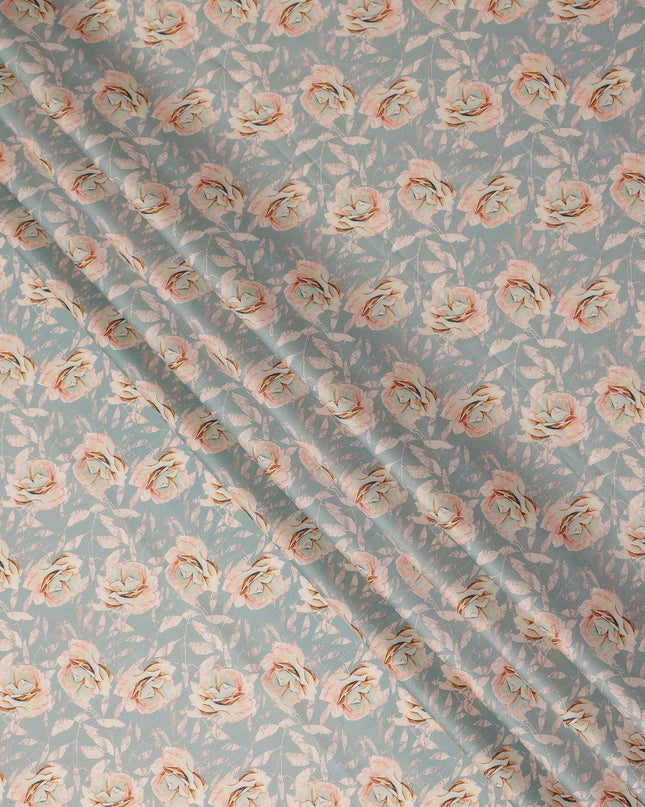 Pastel Blue Peach Rose Floral Printed Cotton Satin Fabric 110 Cms Width Smooth Soft Dress Material India-D28065