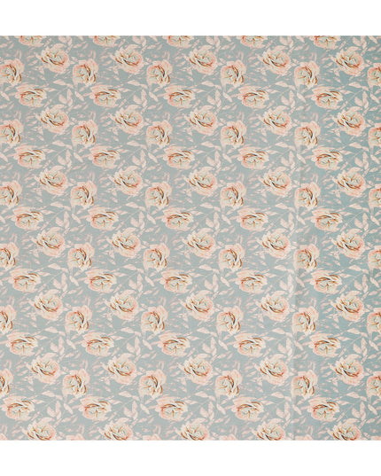 Pastel Blue Peach Rose Floral Printed Cotton Satin Fabric 110 Cms Width Smooth Soft Dress Material India-D28065