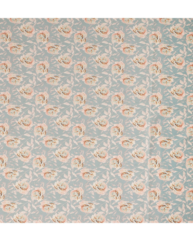 Pastel Blue Peach Rose Floral Printed Cotton Satin Fabric 110 Cms Width Smooth Soft Dress Material India-D28065