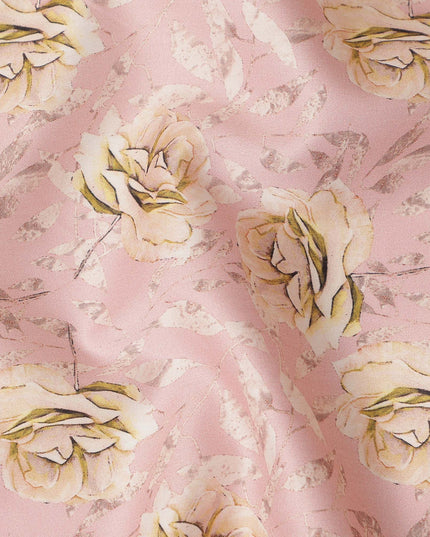 Blush Pink Rose Floral Printed Cotton Satin Fabric 110 Cms Width Smooth Soft Dress Material India-D28067
