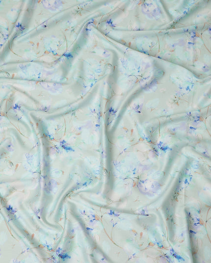 Mint Green Blue Watercolor Floral Print Cotton Satin Fabric, Soft Elegant Botanical Blossom Pattern Smooth Cotton Satin Material for Apparel Sewing Dressmaking, 110 Cms Width, Made In India-D28450 - Regal Fabrics