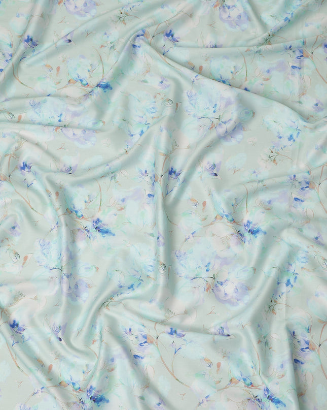 Mint Green Blue Watercolor Floral Print Cotton Satin Fabric, Soft Elegant Botanical Blossom Pattern Smooth Cotton Satin Material for Apparel Sewing Dressmaking, 110 Cms Width, Made In India-D28450 - Regal Fabrics