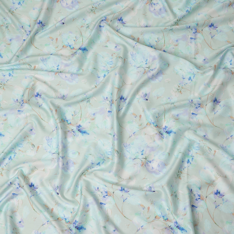 Mint Green Blue Watercolor Floral Print Cotton Satin Fabric, Soft Elegant Botanical Blossom Pattern Smooth Cotton Satin Material for Apparel Sewing Dressmaking, 110 Cms Width, Made In India-D28450 - Regal Fabrics