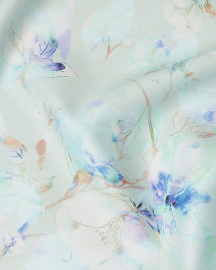 Mint Green Blue Watercolor Floral Print Cotton Satin Fabric, Soft Elegant Botanical Blossom Pattern Smooth Cotton Satin Material for Apparel Sewing Dressmaking, 110 Cms Width, Made In India-D28450 - Regal Fabrics