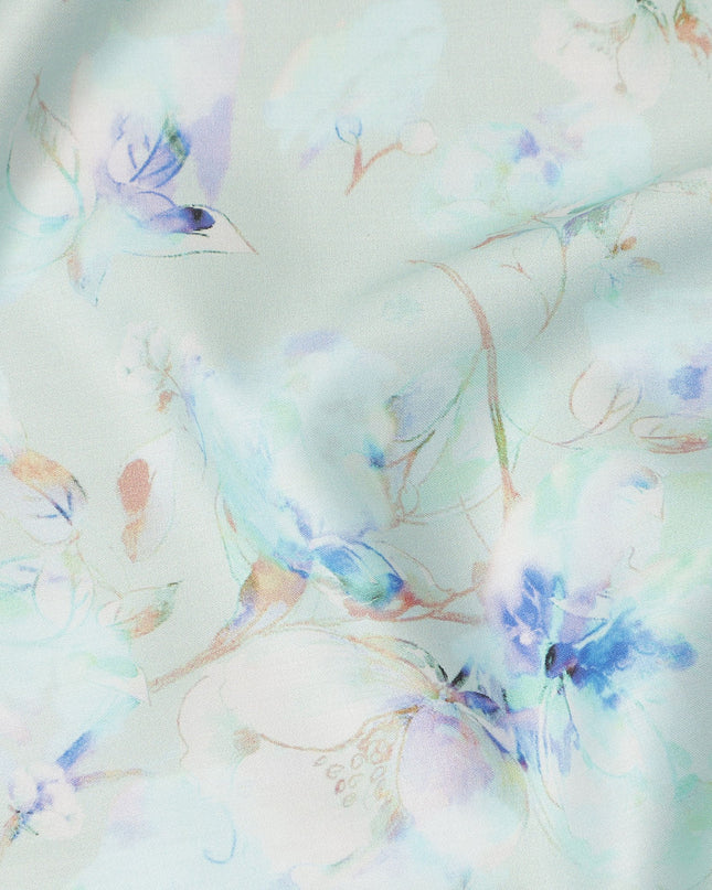 Mint Green Blue Watercolor Floral Print Cotton Satin Fabric, Soft Elegant Botanical Blossom Pattern Smooth Cotton Satin Material for Apparel Sewing Dressmaking, 110 Cms Width, Made In India-D28450 - Regal Fabrics