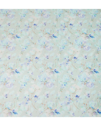Mint Green Blue Watercolor Floral Print Cotton Satin Fabric, Soft Elegant Botanical Blossom Pattern Smooth Cotton Satin Material for Apparel Sewing Dressmaking, 110 Cms Width, Made In India-D28450 - Regal Fabrics