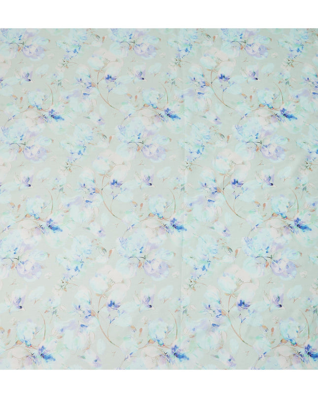 Mint Green Blue Watercolor Floral Print Cotton Satin Fabric, Soft Elegant Botanical Blossom Pattern Smooth Cotton Satin Material for Apparel Sewing Dressmaking, 110 Cms Width, Made In India-D28450 - Regal Fabrics