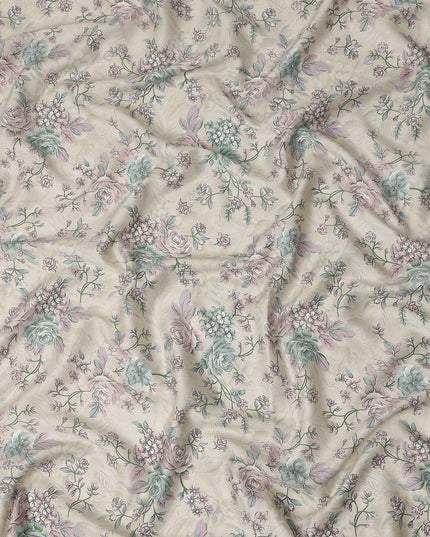 Beige Floral Printed Cotton Satin Fabric 110 Cms Width Soft Smooth Lustrous Dress Material India-D27960 Regal Fabrics