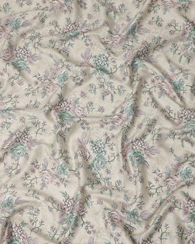 Beige Floral Printed Cotton Satin Fabric 110 Cms Width Soft Smooth Lustrous Dress Material India-D27960 Regal Fabrics