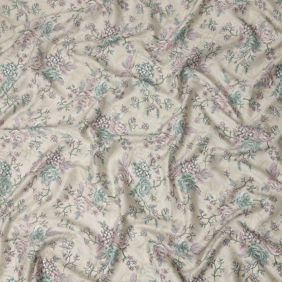 Beige Floral Printed Cotton Satin Fabric 110 Cms Width Soft Smooth Lustrous Dress Material India-D27960 Regal Fabrics