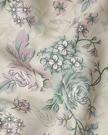Beige Floral Printed Cotton Satin Fabric 110 Cms Width Soft Smooth Lustrous Dress Material India-D27960 Regal Fabrics