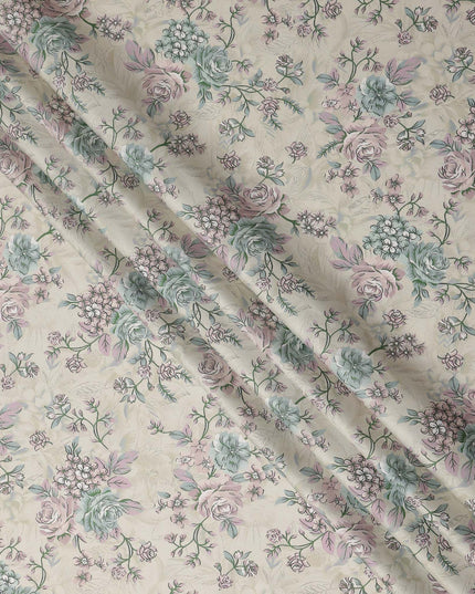 Beige Floral Printed Cotton Satin Fabric 110 Cms Width Soft Smooth Lustrous Dress Material India-D27960 Regal Fabrics