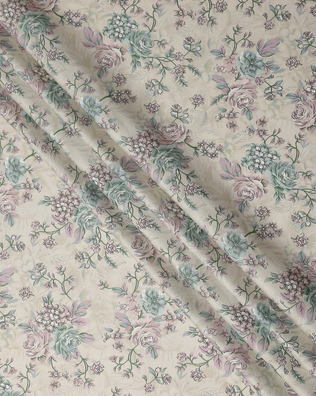 Beige Floral Printed Cotton Satin Fabric 110 Cms Width Soft Smooth Lustrous Dress Material India-D27960 Regal Fabrics