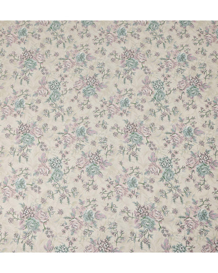 Beige Floral Printed Cotton Satin Fabric 110 Cms Width Soft Smooth Lustrous Dress Material India-D27960 Regal Fabrics
