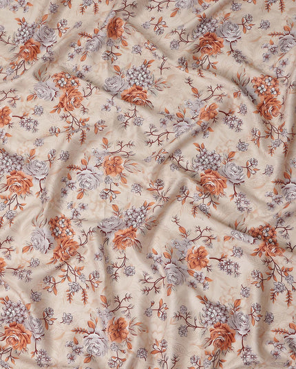 Cream Floral Printed Cotton Satin Fabric 110 Cms Width Soft Smooth Lustrous Dress Material India-D27961 Regal Fabrics