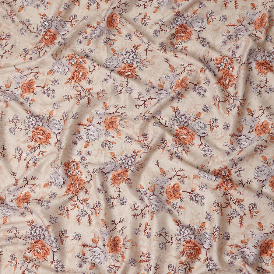 Cream Floral Printed Cotton Satin Fabric 110 Cms Width Soft Smooth Lustrous Dress Material India-D27961 Regal Fabrics