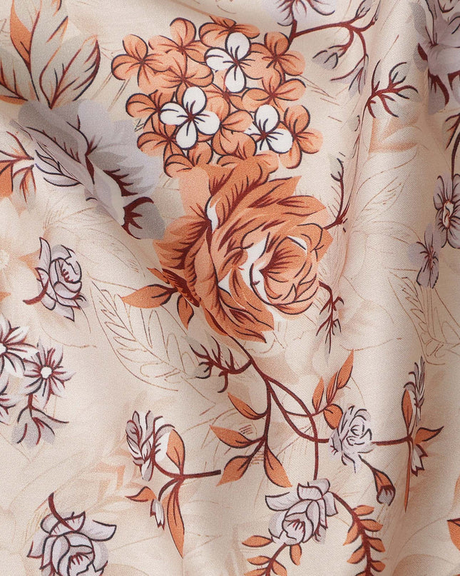 Cream Floral Printed Cotton Satin Fabric 110 Cms Width Soft Smooth Lustrous Dress Material India-D27961 Regal Fabrics
