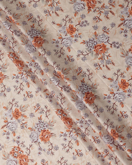 Cream Floral Printed Cotton Satin Fabric 110 Cms Width Soft Smooth Lustrous Dress Material India-D27961 Regal Fabrics