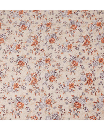 Cream Floral Printed Cotton Satin Fabric 110 Cms Width Soft Smooth Lustrous Dress Material India-D27961 Regal Fabrics