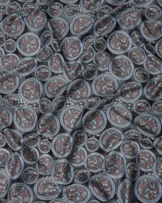 Grey Maroon Paisley Coin Printed Cotton Satin Fabric 110 Cms Width Smooth Soft Dress Material India-D28078