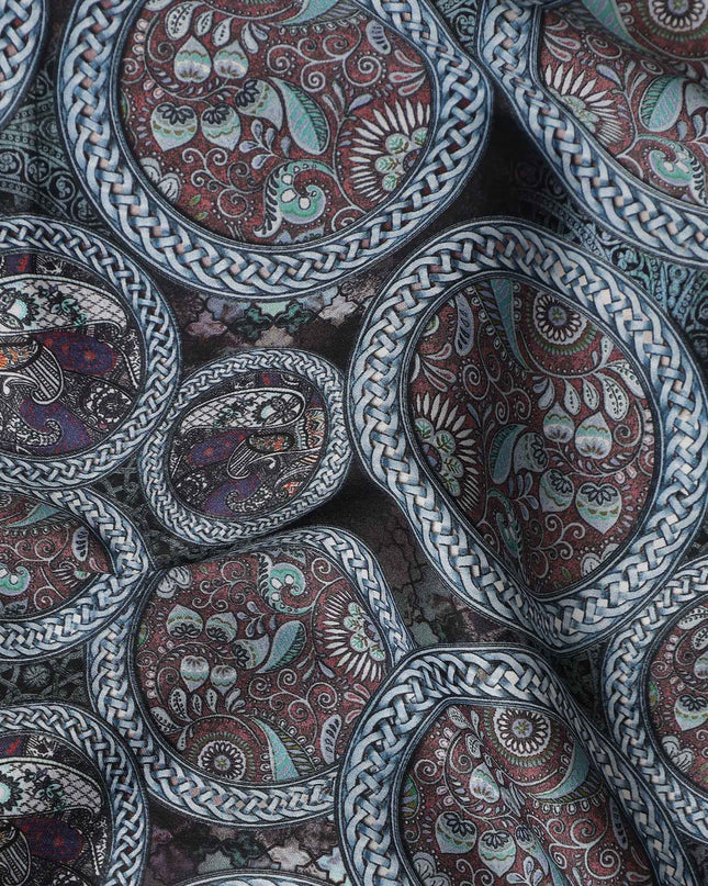 Grey Maroon Paisley Coin Printed Cotton Satin Fabric 110 Cms Width Smooth Soft Dress Material India-D28078