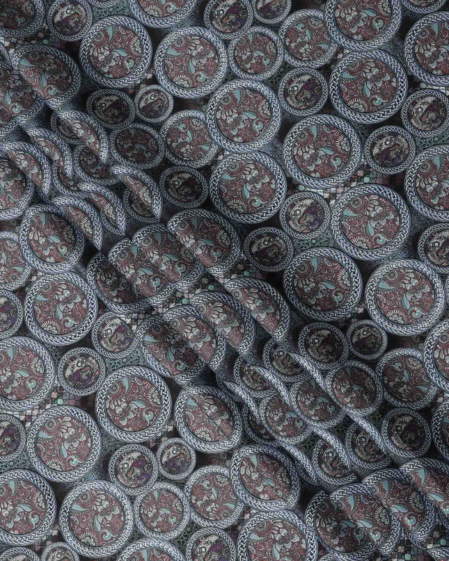 Grey Maroon Paisley Coin Printed Cotton Satin Fabric 110 Cms Width Smooth Soft Dress Material India-D28078