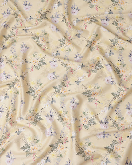 Light Yellow Floral Printed Cotton Satin Fabric 110 Cms Width Soft Smooth Lustrous Dress Material India-D27958 Regal Fabrics