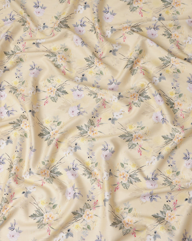 Light Yellow Floral Printed Cotton Satin Fabric 110 Cms Width Soft Smooth Lustrous Dress Material India-D27958 Regal Fabrics