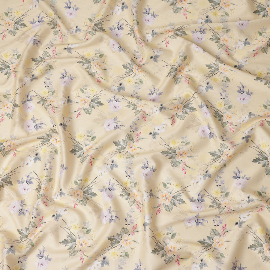 Light Yellow Floral Printed Cotton Satin Fabric 110 Cms Width Soft Smooth Lustrous Dress Material India-D27958 Regal Fabrics