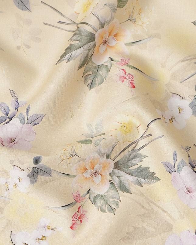 Light Yellow Floral Printed Cotton Satin Fabric 110 Cms Width Soft Smooth Lustrous Dress Material India-D27958 Regal Fabrics