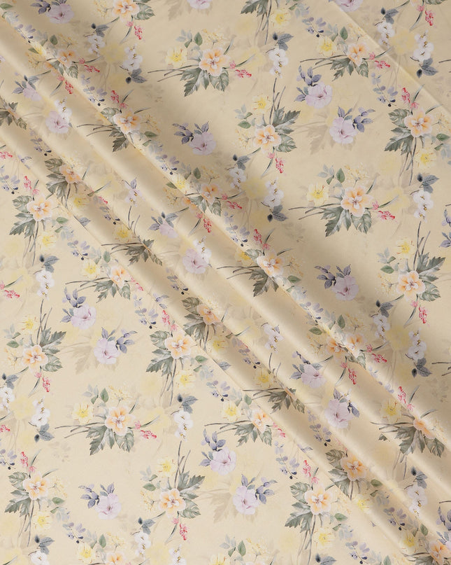 Light Yellow Floral Printed Cotton Satin Fabric 110 Cms Width Soft Smooth Lustrous Dress Material India-D27958 Regal Fabrics