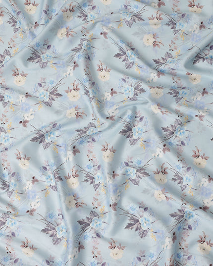 Light Blue Floral Printed Cotton Satin Fabric 110 Cms Width Soft Smooth Lustrous Dress Material India-D27947 Regal Fabrics