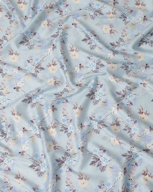 Light Blue Floral Printed Cotton Satin Fabric 110 Cms Width Soft Smooth Lustrous Dress Material India-D27947 Regal Fabrics
