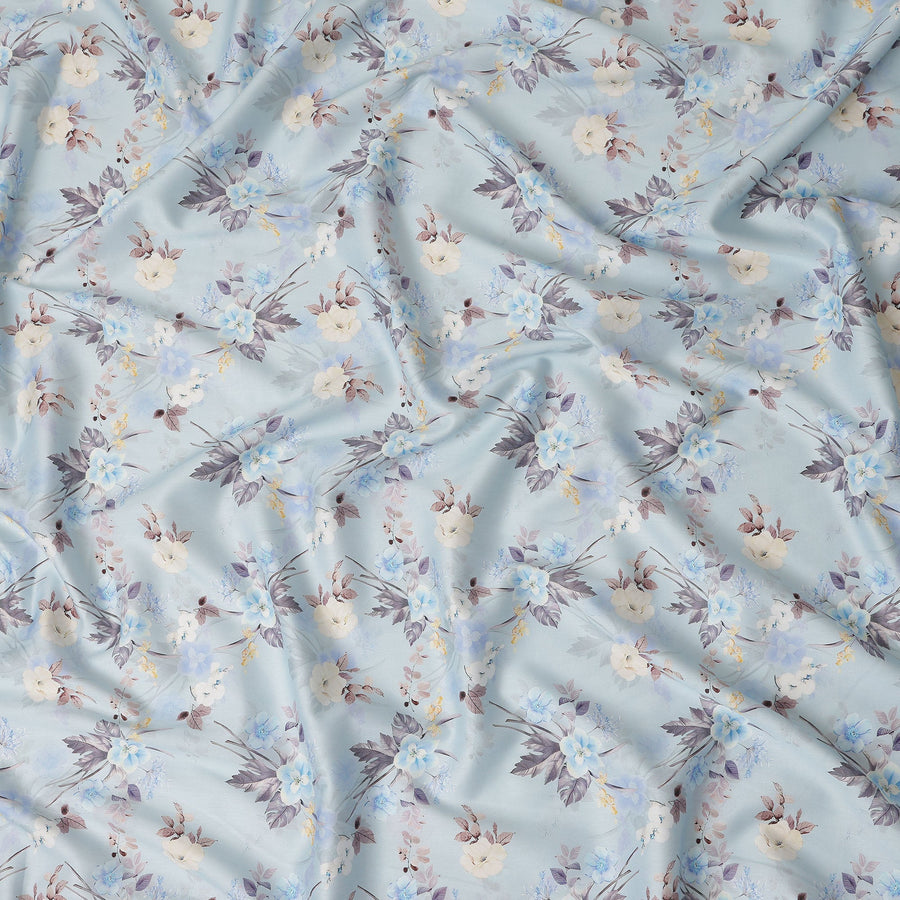 Light Blue Floral Printed Cotton Satin Fabric 110 Cms Width Soft Smooth Lustrous Dress Material India-D27947 Regal Fabrics