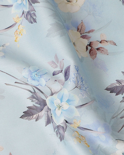 Light Blue Floral Printed Cotton Satin Fabric 110 Cms Width Soft Smooth Lustrous Dress Material India-D27947 Regal Fabrics