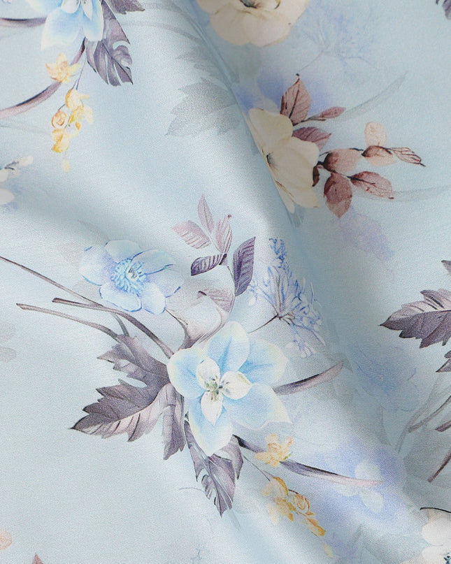 Light Blue Floral Printed Cotton Satin Fabric 110 Cms Width Soft Smooth Lustrous Dress Material India-D27947 Regal Fabrics