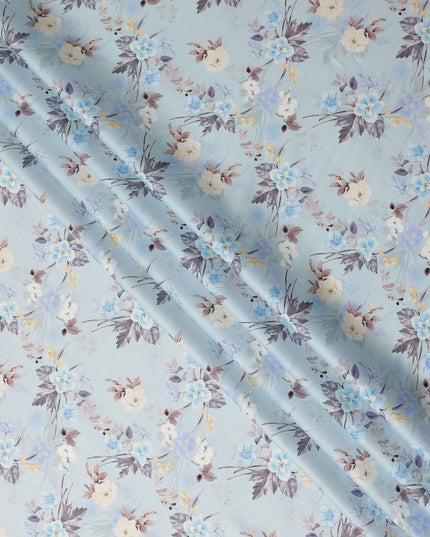 Light Blue Floral Printed Cotton Satin Fabric 110 Cms Width Soft Smooth Lustrous Dress Material India-D27947 Regal Fabrics