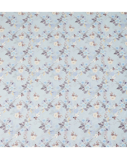 Light Blue Floral Printed Cotton Satin Fabric 110 Cms Width Soft Smooth Lustrous Dress Material India-D27947 Regal Fabrics