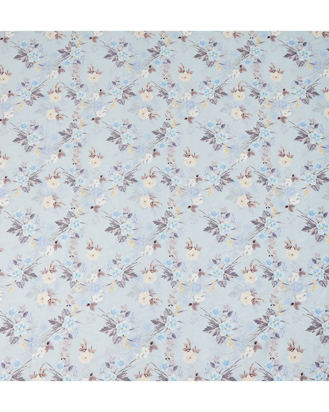 Light Blue Floral Printed Cotton Satin Fabric 110 Cms Width Soft Smooth Lustrous Dress Material India-D27947 Regal Fabrics