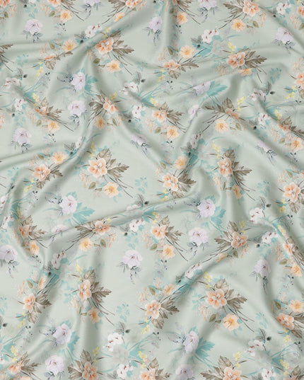 Sage Green Floral Printed Cotton Satin Fabric 110 Cms Width Soft Smooth Lustrous Dress Material India-D27959 Regal Fabrics