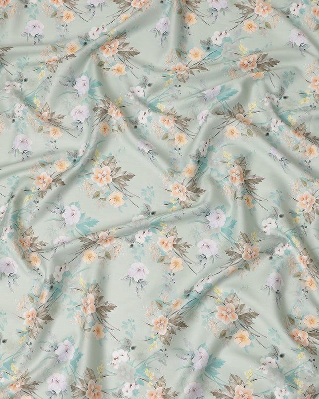 Sage Green Floral Printed Cotton Satin Fabric 110 Cms Width Soft Smooth Lustrous Dress Material India-D27959 Regal Fabrics