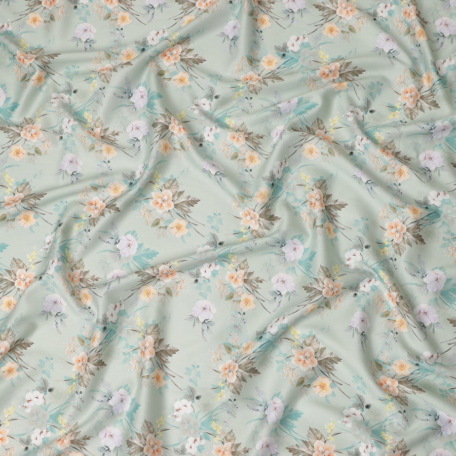Sage Green Floral Printed Cotton Satin Fabric 110 Cms Width Soft Smooth Lustrous Dress Material India-D27959 Regal Fabrics
