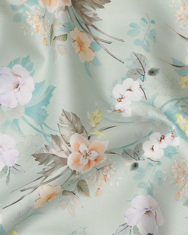 Sage Green Floral Printed Cotton Satin Fabric 110 Cms Width Soft Smooth Lustrous Dress Material India-D27959 Regal Fabrics
