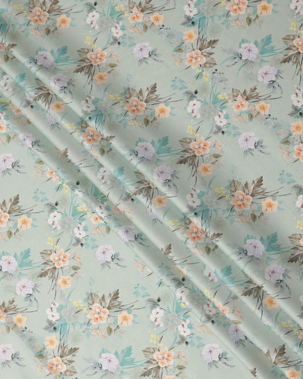 Sage Green Floral Printed Cotton Satin Fabric 110 Cms Width Soft Smooth Lustrous Dress Material India-D27959 Regal Fabrics